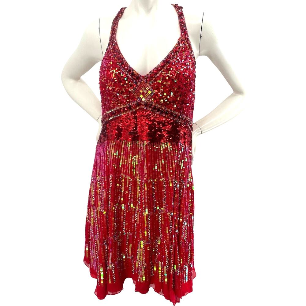 Made In India Silk Sequined Red Gold Halter Fit Flare Dress *Read Description Lg